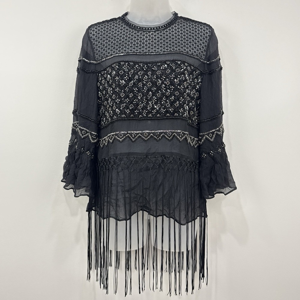 Elie Tahari Aislin Silk Blouse M Beaded Fringe Western Glam Whimsigoth Sheer